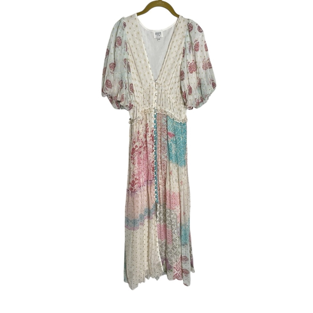 HEMANT & NANDITA Pink and Blue Puff Sleeve Maxi Dress XS